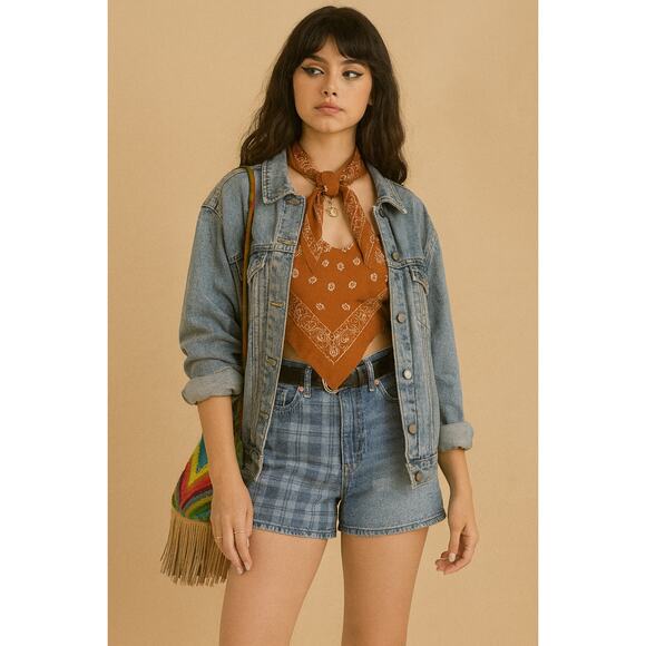 American Eagle Highest Rise Mom Shorts Plaid Denim Blue 10 Patchwork Retro Y2K - Picture 1 of 9